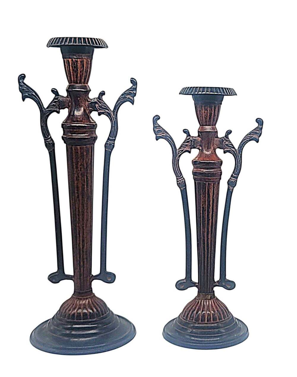Vtg Pair Metal Heavy Candlestick Holders Harp-style Scrolls Fluted 12" & 10.5"